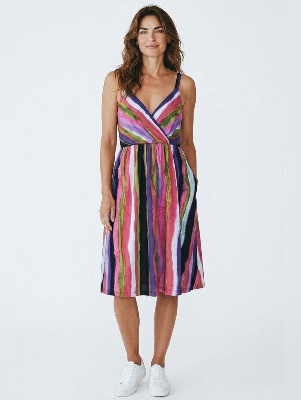 NEW DIRECTION Sleeveless Multicolor Stripe Wrap Dress. Large